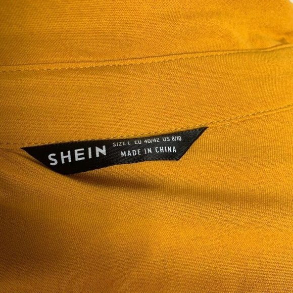 Shein Mustard Yellow Shirtdress Button Up Drawstring Waist High Low Retro L - Picture 8 of 10